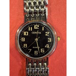 Geneva Quartz Watch Black Dial Gold Numbers Metal Band 8" China Made